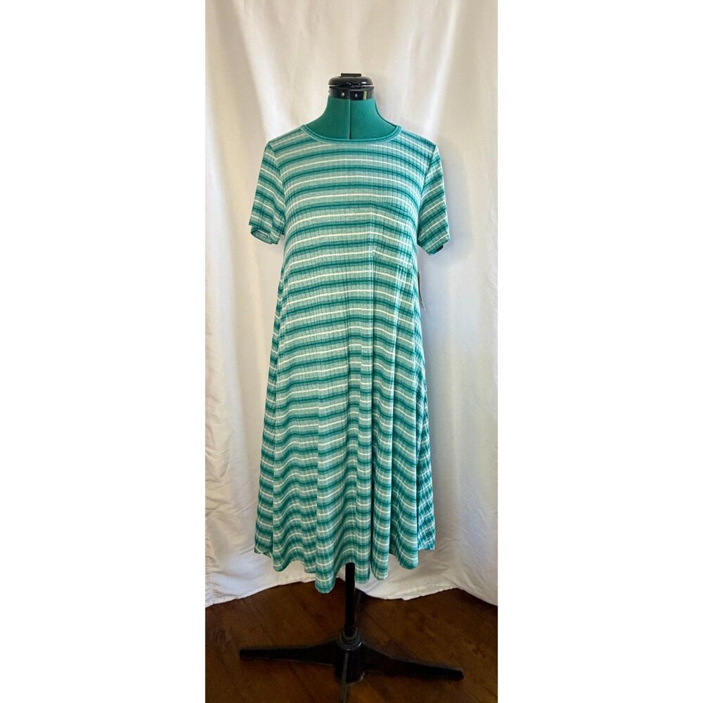 NWT LuLaRoe Carly swing dress in a teal and white striped ribbed fabric